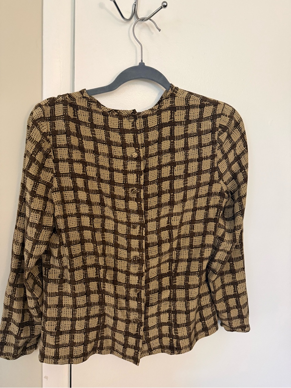 Checked Button-Back Blouse in Brown and Cream